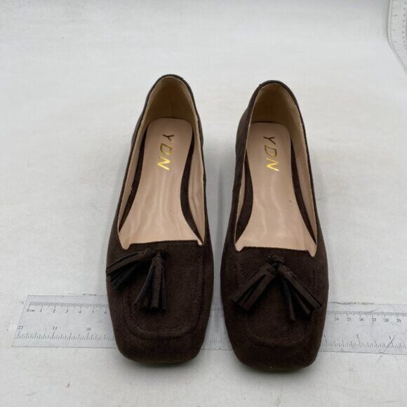YDN Women Chunky Block Low Heel Loafers Square Toe Tassel Fringed Pumps Brown - Picture 3 of 8